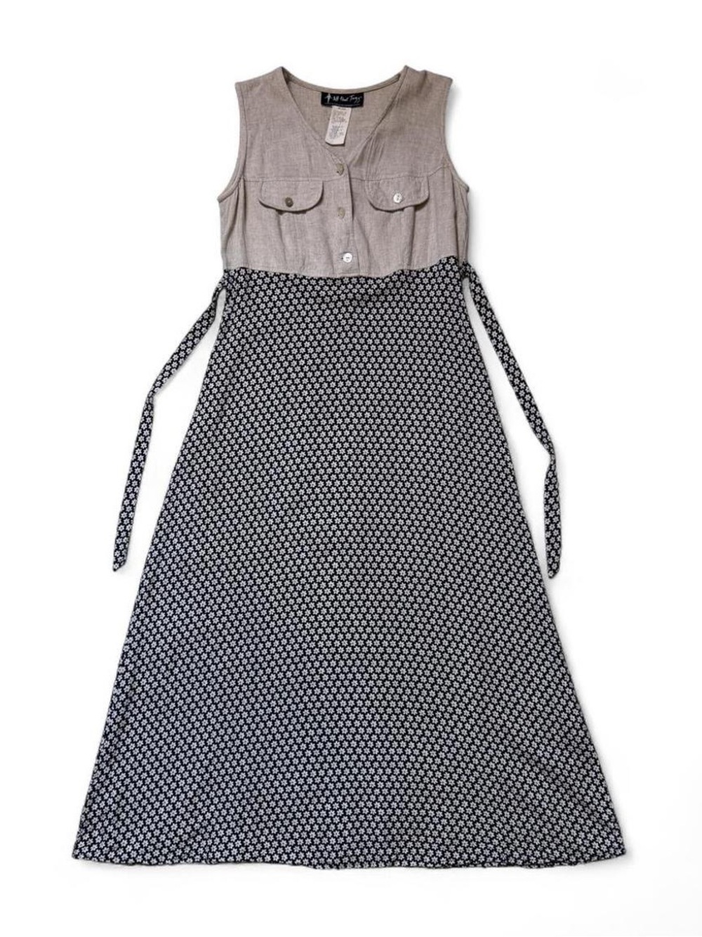VINTAGE All That Jazz 90s Sleeveless Two-Tone Maxi Dress in Tan and Black Floral